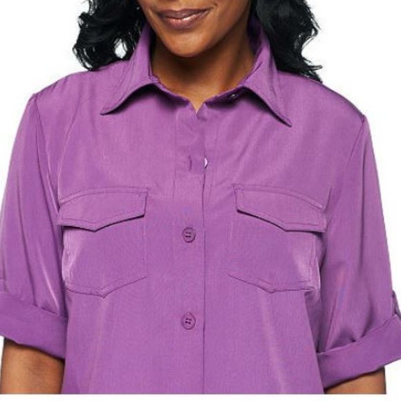 Susan Graver Peachskin Solid Roll Tab Shirt 2524 - Picture 3 of 4